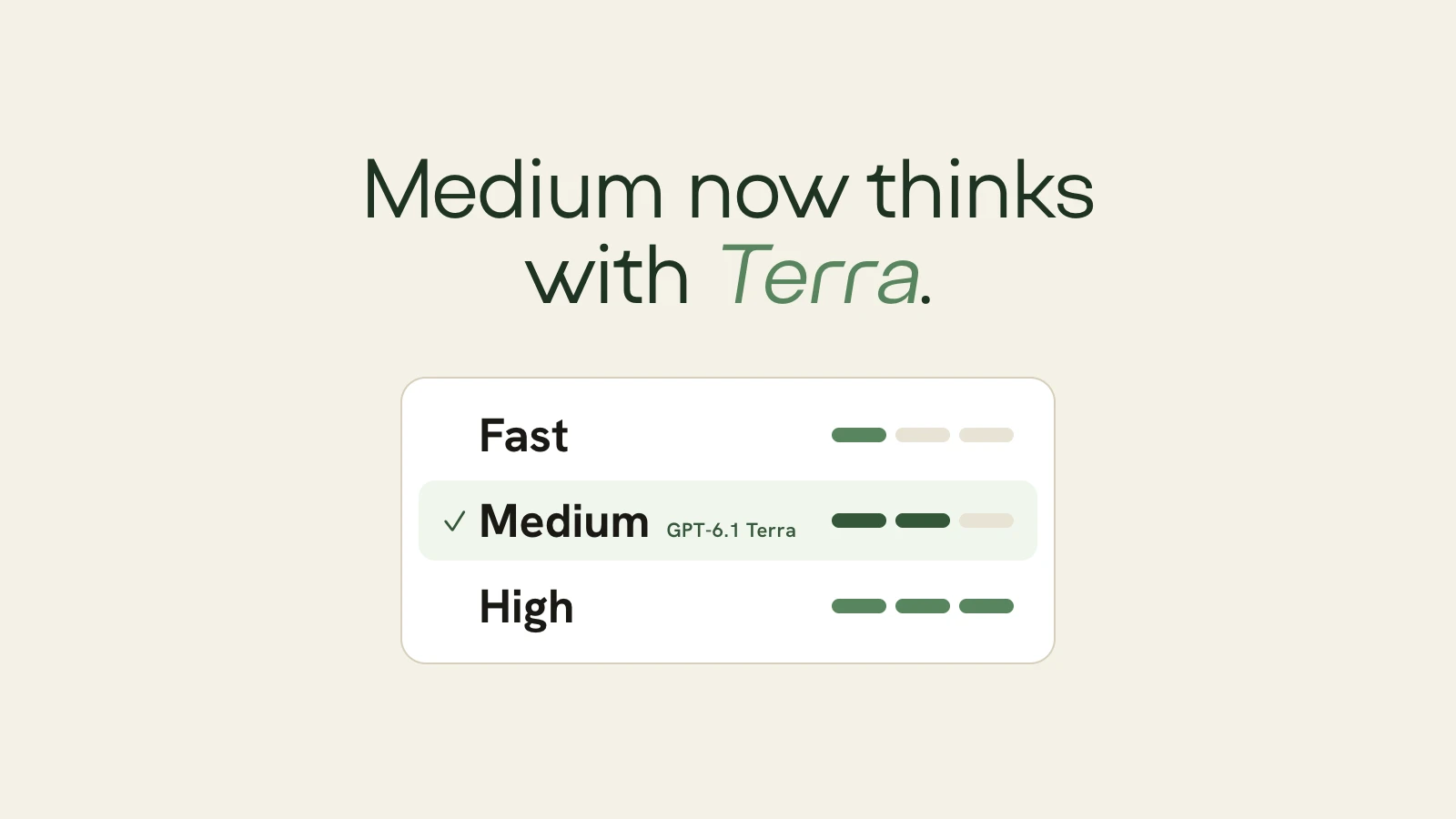 The heading Medium now thinks with Terra, above the Spark AI menu with Fast, Medium and High, where Medium is selected with the label GPT-6.1 Terra