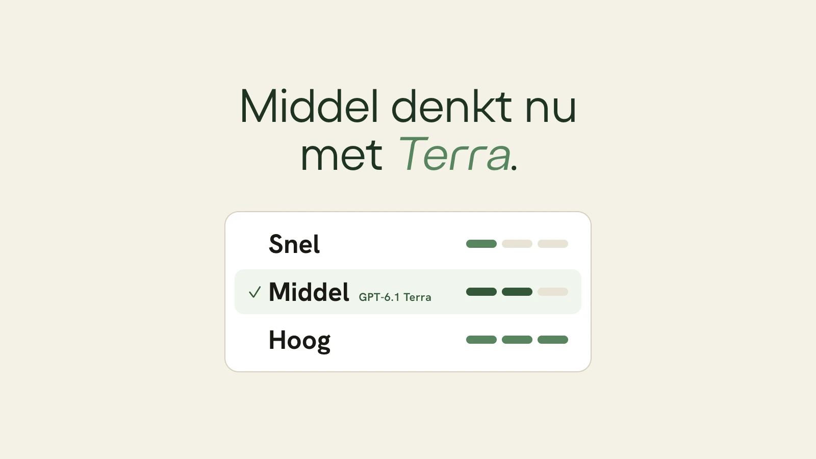 De kop Middel denkt nu met Terra, boven het keuzemenu van Spark AI met Snel, Middel en Hoog, waarin Middel geselecteerd is met het label GPT-6.1 Terra