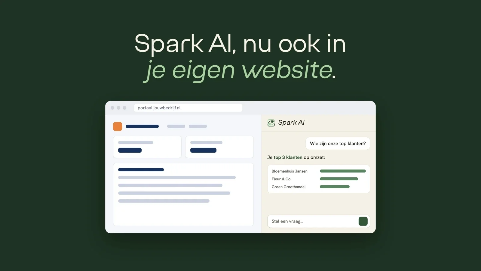 A website in a browser window with the Spark AI chat panel on the right, answering “Who are our top customers?”
